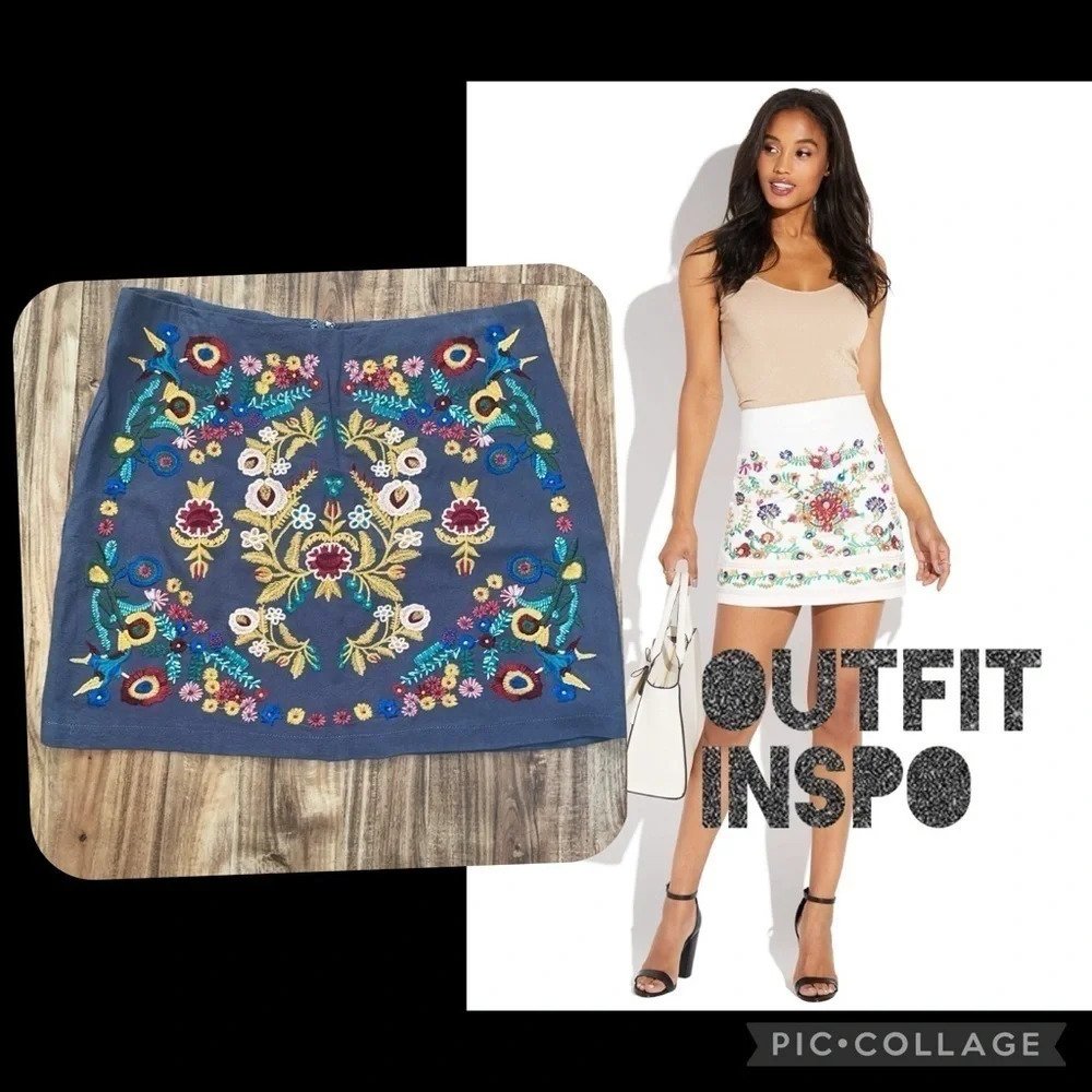 Altar’d State women’s skirt Large mini embroidered linen blend grey flower bird